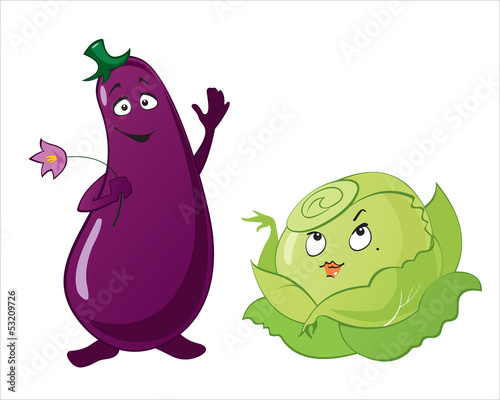 Funny cute vegetables - eggplant, cabbage