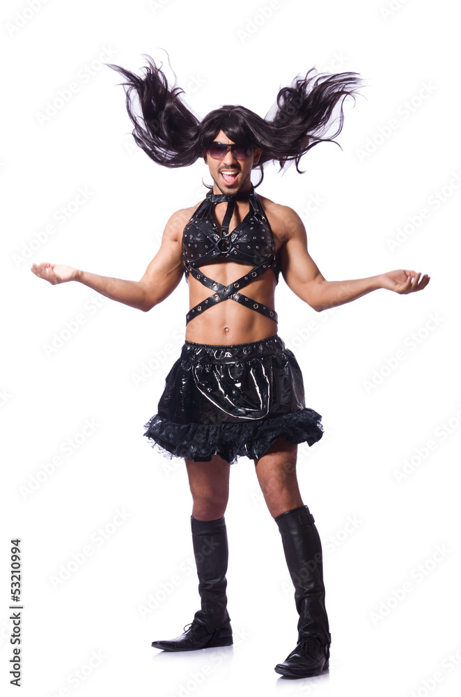 Man wearing woman clothing on white Man wearing woman clothing on white