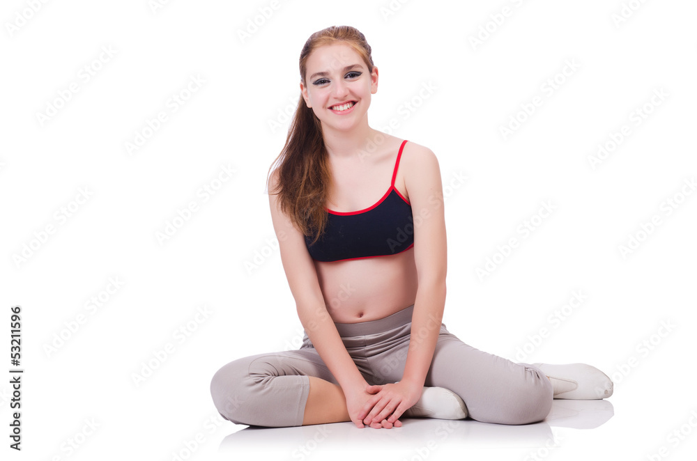 Young female doing exercises on white Young female doing exercises on white
