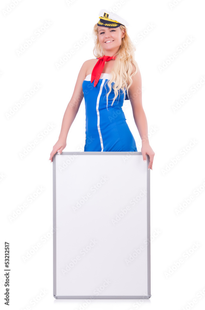 Stewardess with blank board on white