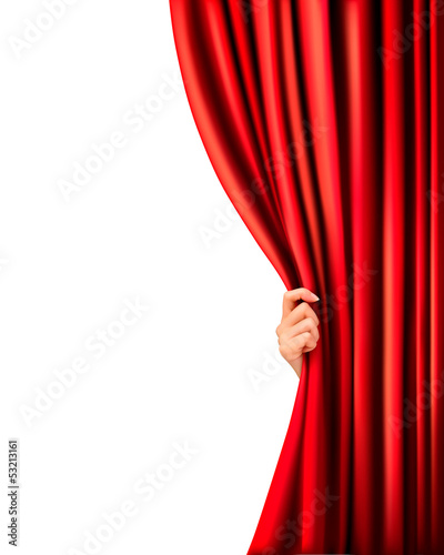 Background with red velvet curtain and hand. Vector illustration