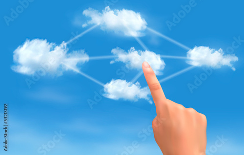 Cloud computing concept. Hand touching connected clouds. Vector.
