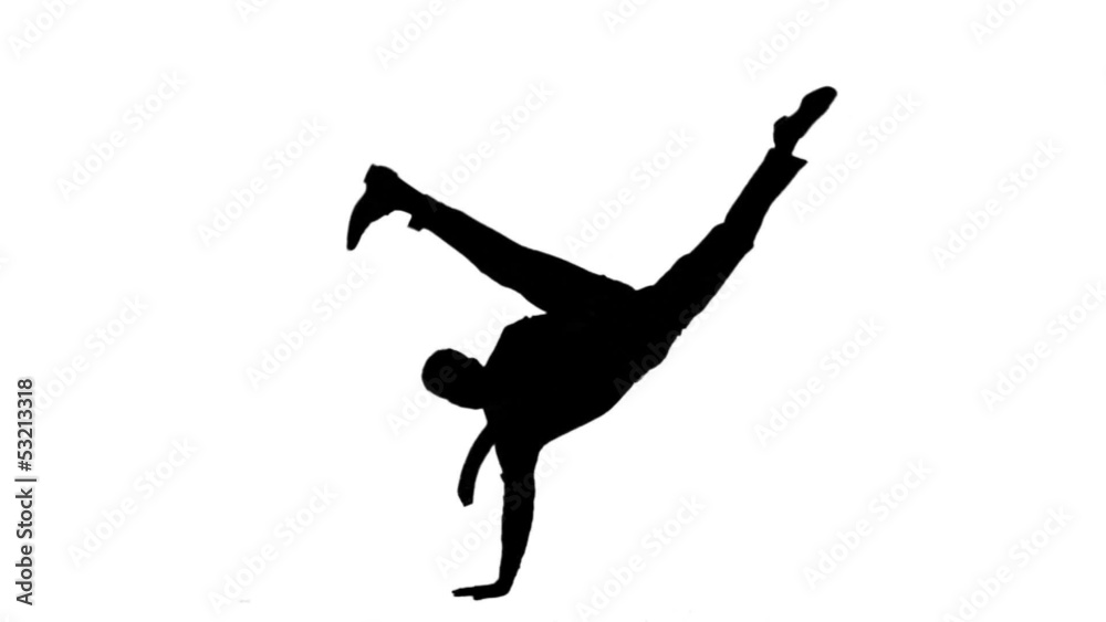 Silhouette of man with a tie breakdancing on white background Silhouette of man with a tie breakdancing on white background