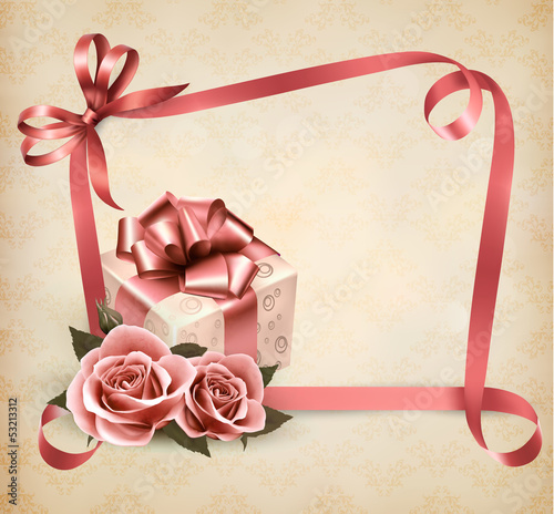 Holiday background with pink roses and gift box and ribbon. Vect