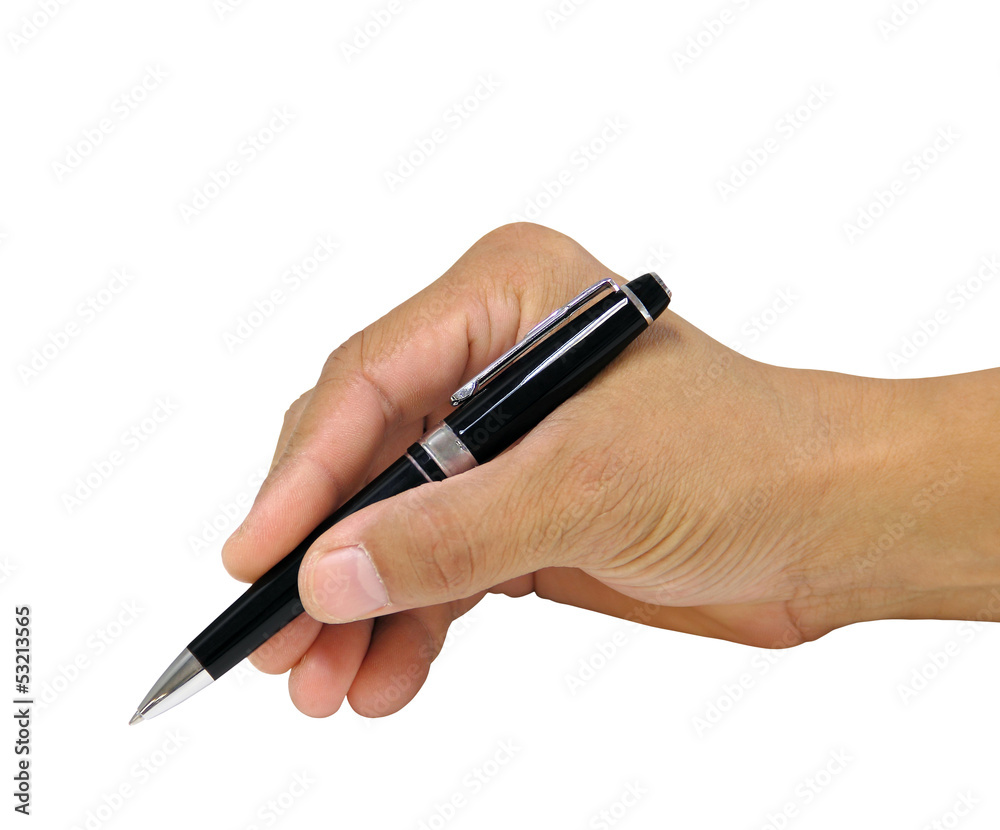Holding a pen for writing isolated over white background Holding a pen for writing isolated over white background