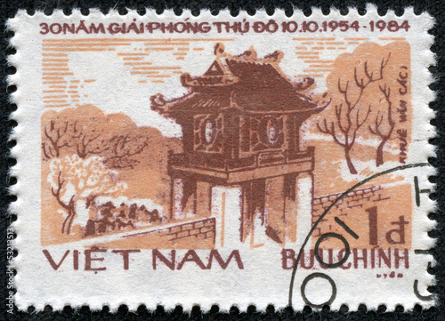 stamp printed by Vietnam shows Temple of Literature in Hanoi