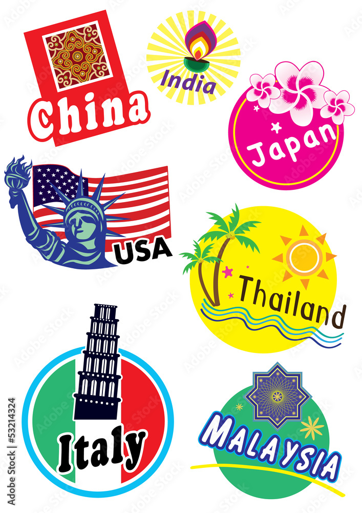 World travel sticker icon set
