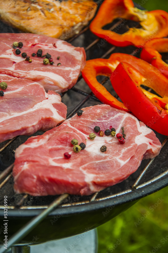 Hot grilled meat and vegetables on green background Hot grilled meat and vegetables on green background