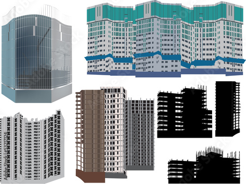 set of seven modern buildings on white