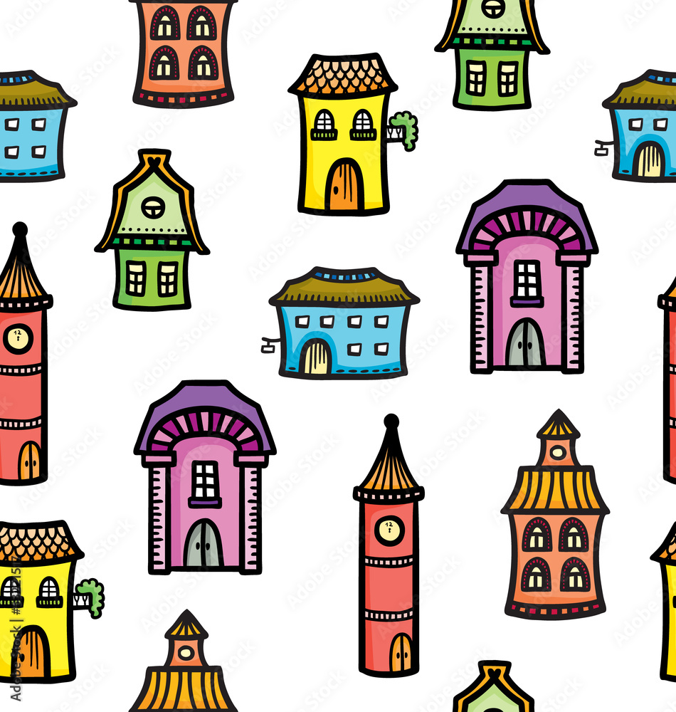 Pattern with cute cartoon colorful houses