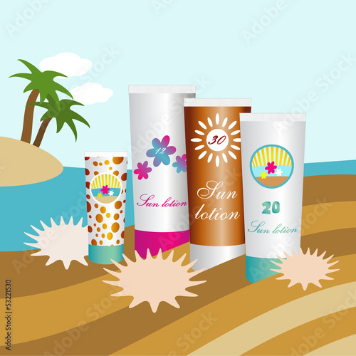 Sunblock lotions. Sun protection skin creams. Vector.