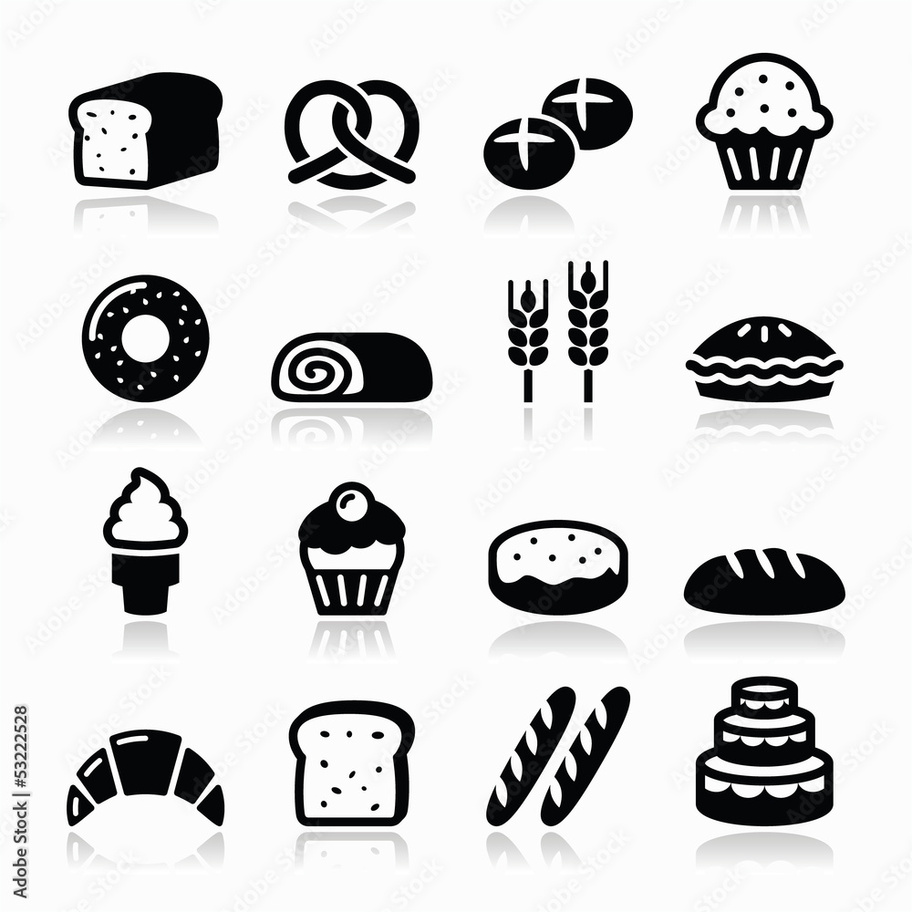 Bakery, pastry icons set - bread, donut, cake, cupcake Bakery, pastry icons set - bread, donut, cake, cupcake