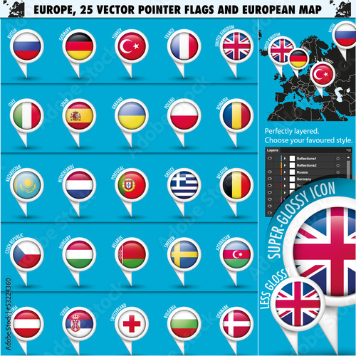 European Icons Round Indicator Flags and Map Set1