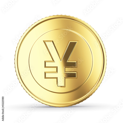 Golden yen coin on white isolated with clipping path