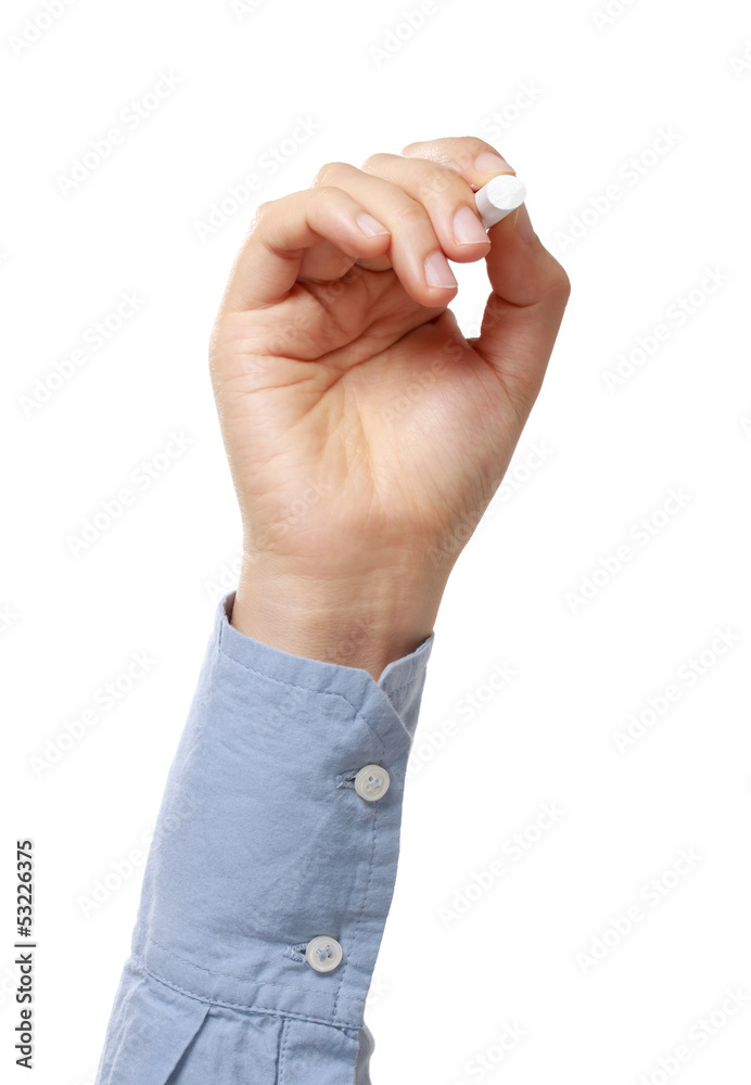 Fototapeta premium Hand holding and writing with chalk on white background