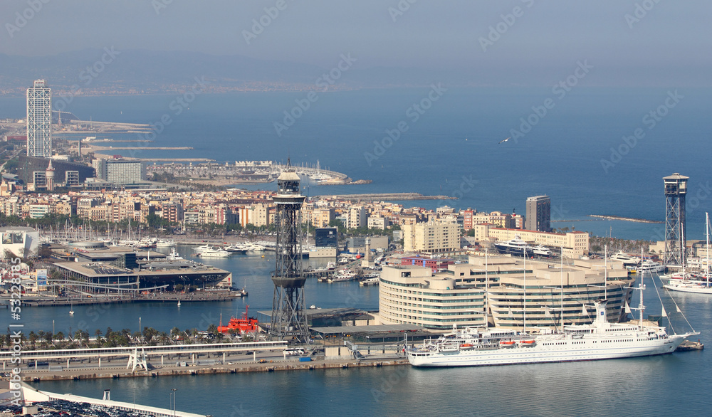 Barcelona and port Port Vell, view from natural park Montjuic