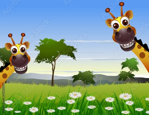 cute couple giraffe cartoon with landscape background