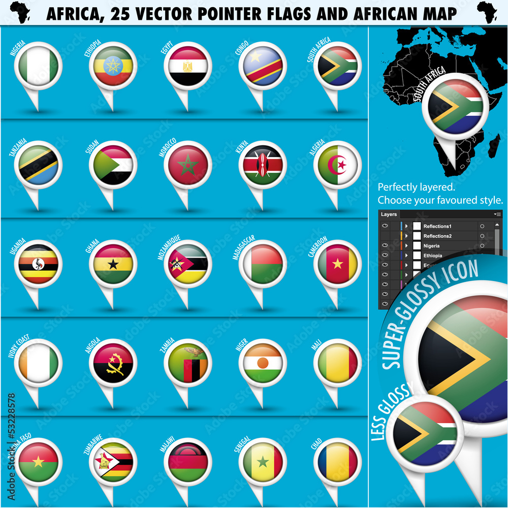 Africa Pointer Flag Icons with african Map set1