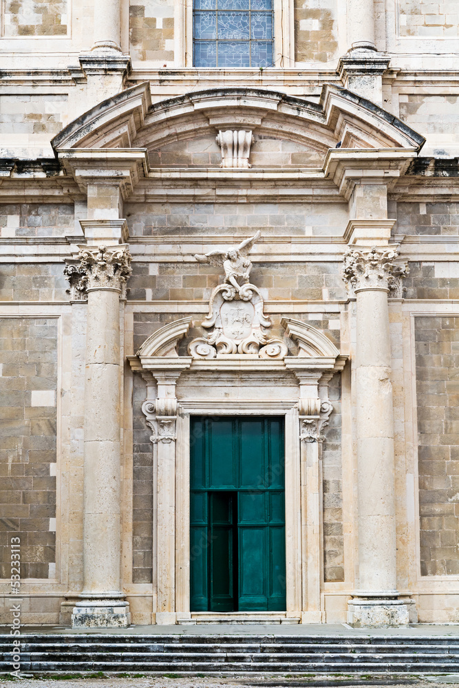 Front view of entrance at Saint Ignatius Church in Dubrovnik