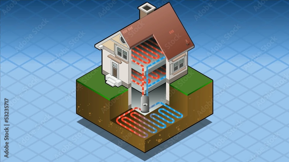 Isometric geothermal heat pump under floor heating diagram