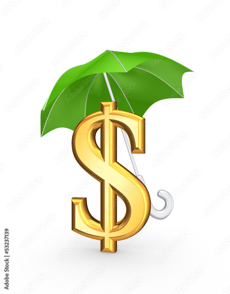 Golden sign of dollar under green umbrella. Golden sign of dollar under green umbrella.