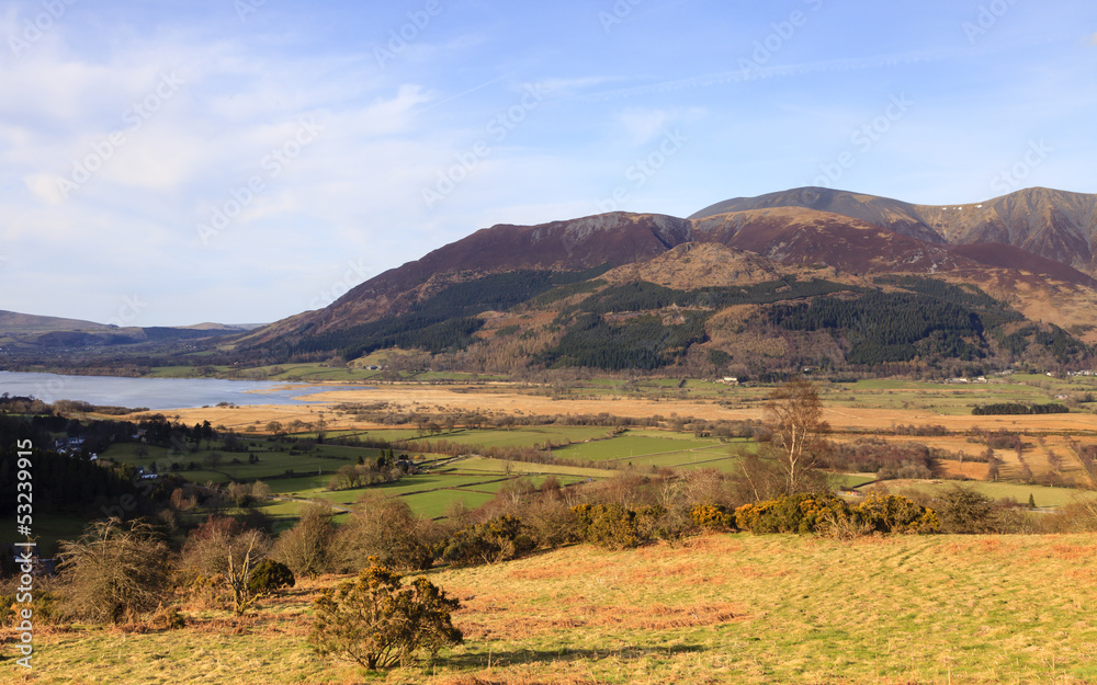 Bassenthwaite Lake View.  A view of Bassenthwaite lake in the English Lake District national park with Skiddaw mountain in the background.  Skiddaw is the fourth highest mountain in England.