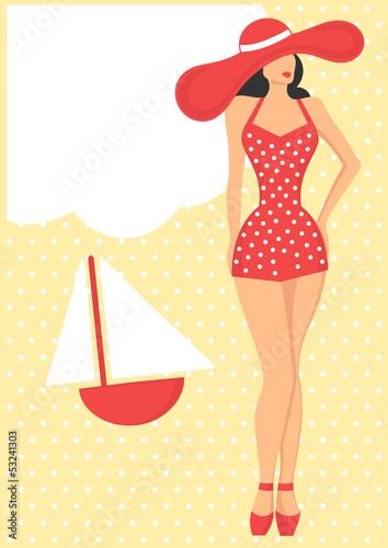 girl in red swimsuit, retro style