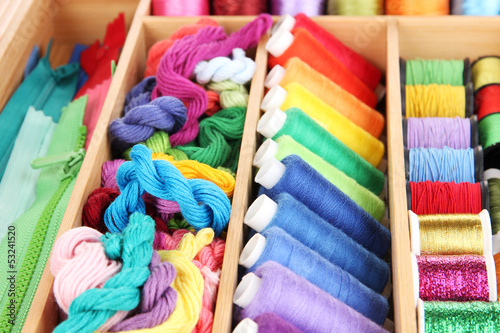 Colorful threads for needlework in wooden box close up © Africa Studio