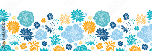 Vector blue and yellow flowersilhouettes horizontal seamless