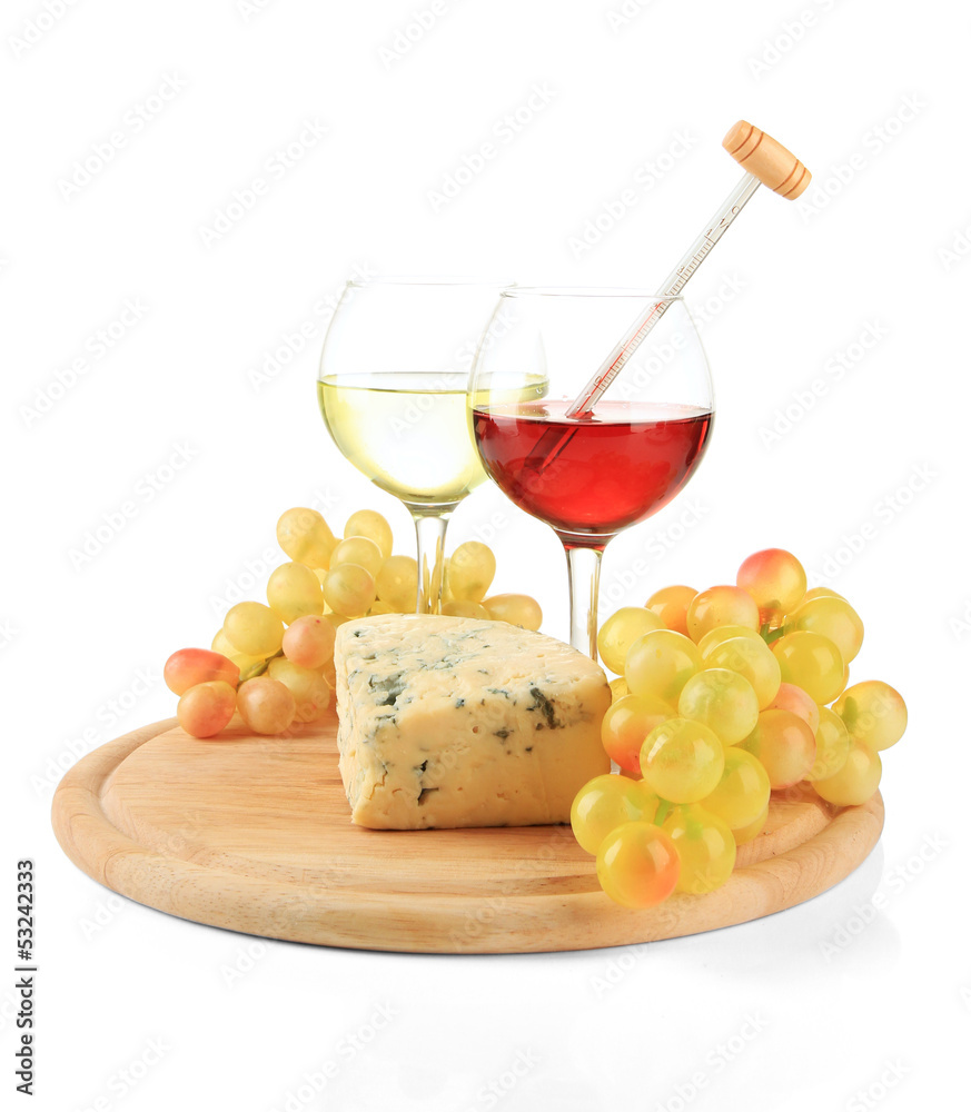 Glasses of wine, tasty blue cheese and grape Glasses of wine, tasty blue cheese and grape