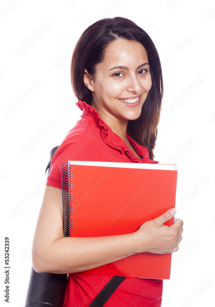 Happy female architecture student carrying notebooks - isolated Happy female architecture student carrying notebooks - isolated