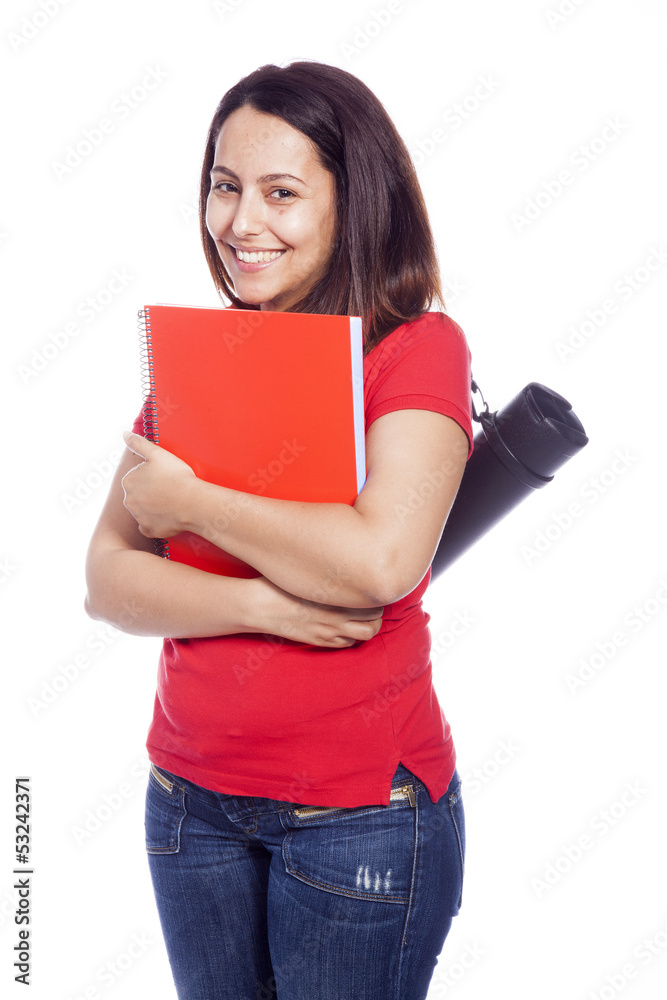 Happy female architecture student carrying notebooks - isolated Happy female architecture student carrying notebooks - isolated