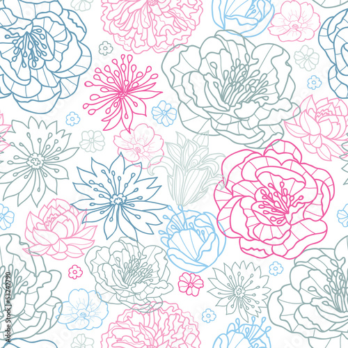 Vector gray and pink lineart florals seamless pattern with hand