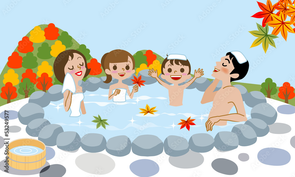 Cheerful family Enjoying Japanese Hot Spring in Autumn Cheerful family Enjoying Japanese Hot Spring in Autumn