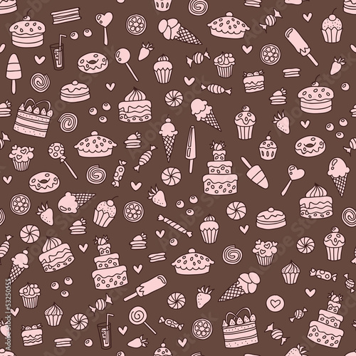Vector seamless brown doodle pattern with sweets