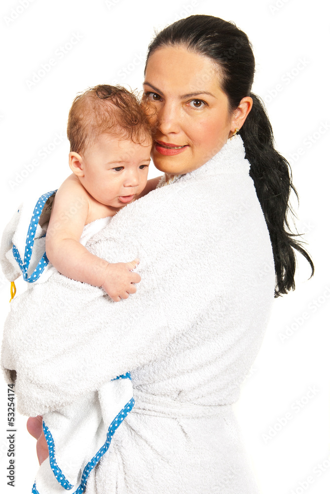 Happy mother and son after bath