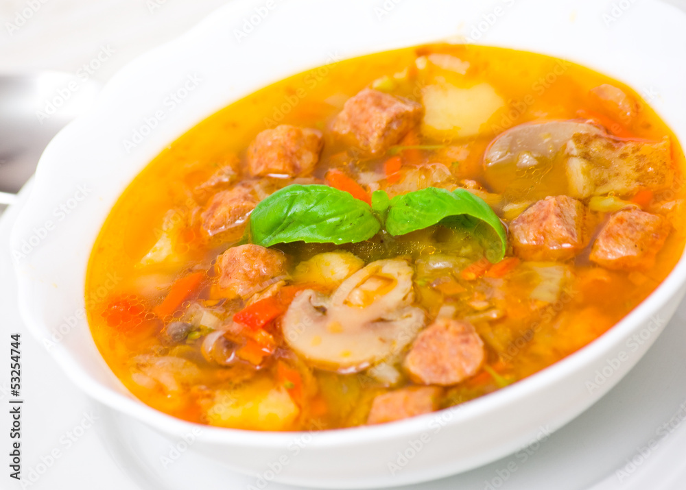 soup with meat, mushrooms and vegetables