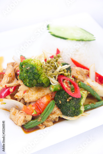 Stir fried spicy Thai herbs with jasmine rice.