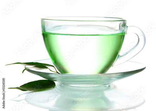 Transparent cup of green tea, isolated on white