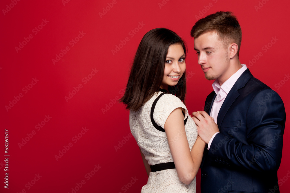 loving couple hugging, smiling