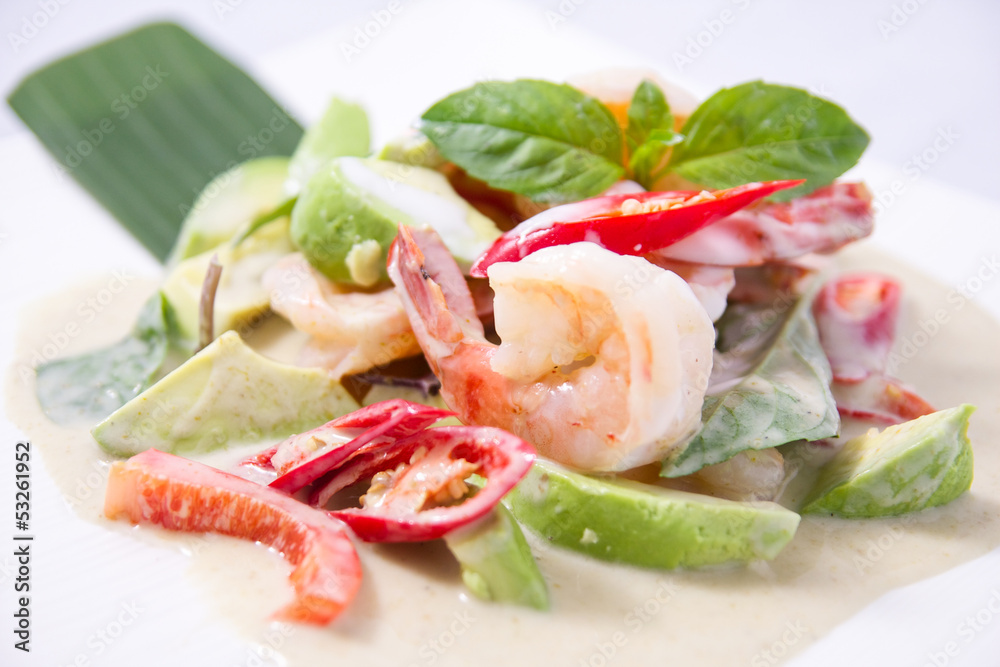 Thai green curry with prawn and avocado.