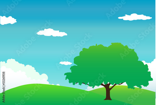 Green mountain with tree and cloud