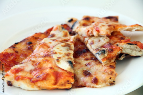 Portions of pizza on plate
