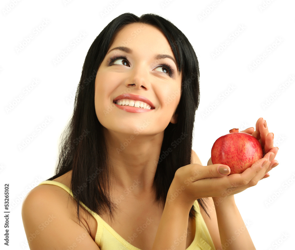 Girl with fresh pomegranate isolated on white Girl with fresh pomegranate isolated on white