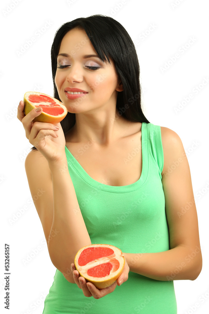 Girl with fresh grapefruit isolated on white Girl with fresh grapefruit isolated on white