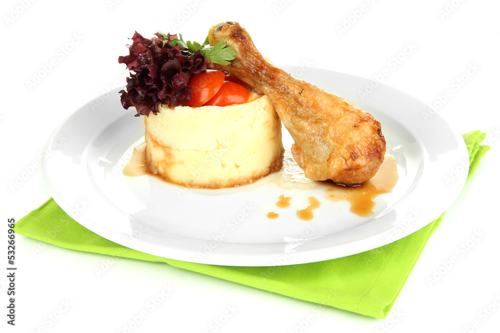 Small portion of food on big plate isolated on white Small portion of food on big plate isolated on white