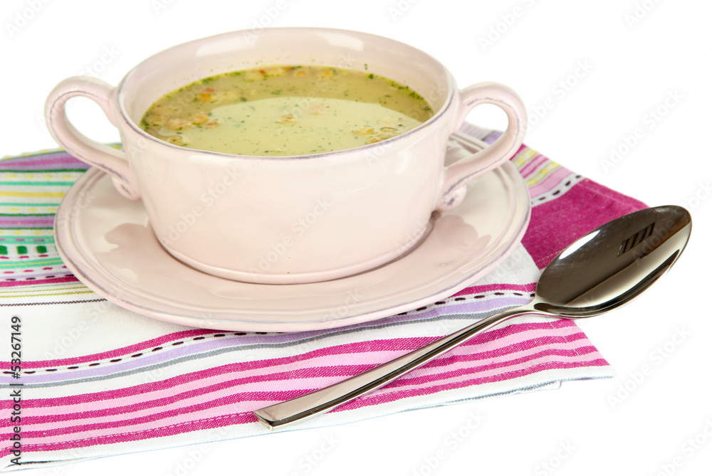 Nourishing soup with vegetables in pan isolated on white Nourishing soup with vegetables in pan isolated on white
