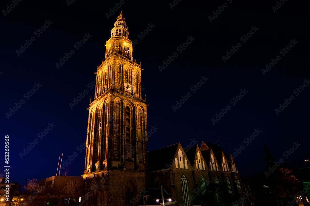 famous Martinitoren (Martini tower) in Groningen at night