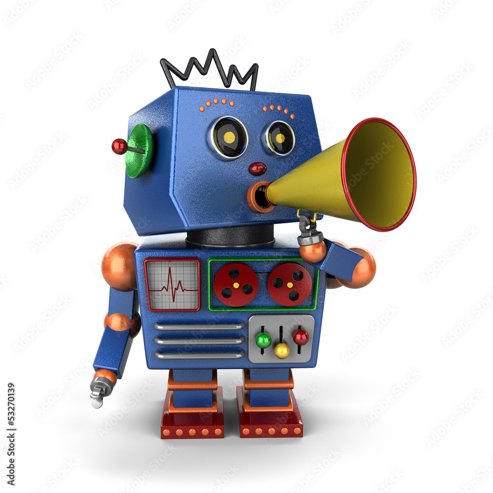 Toy robot shouting with bullhorn over white background