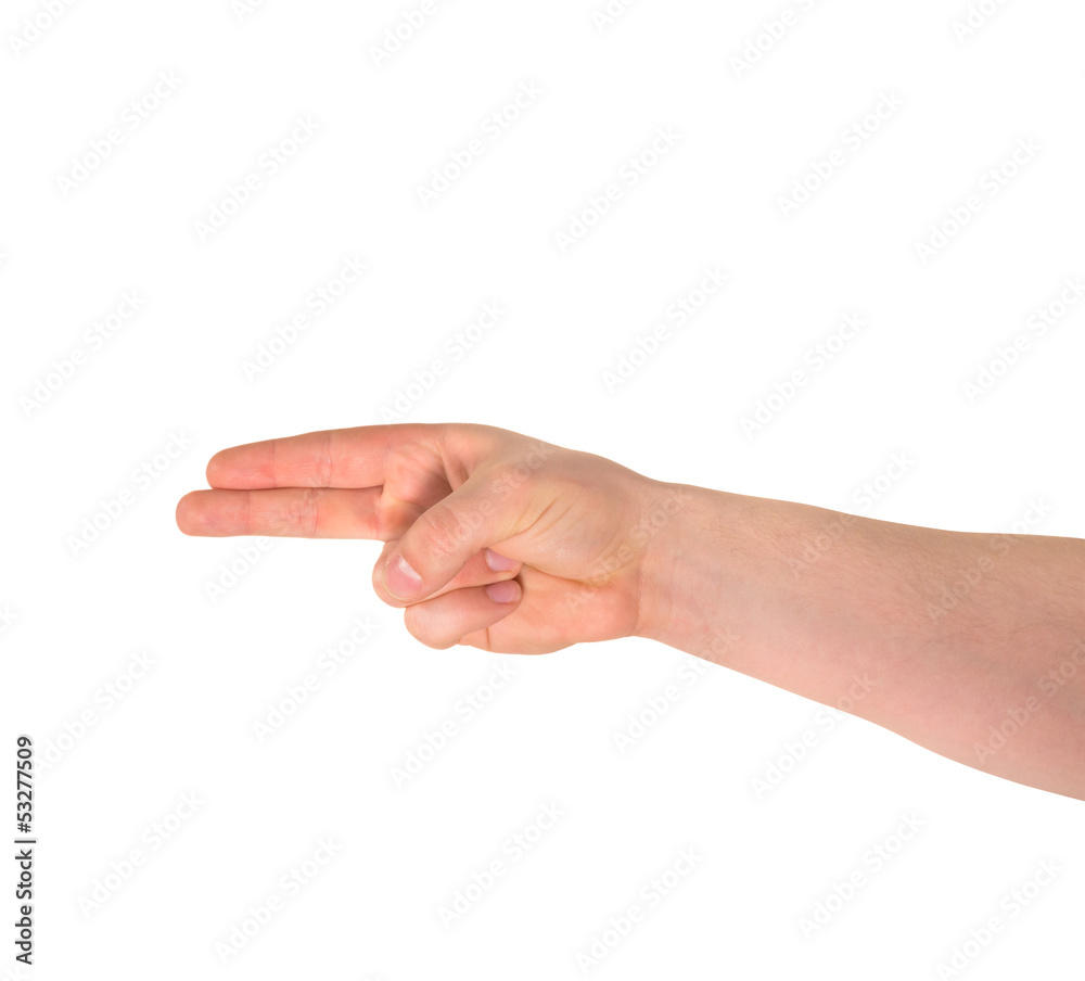 Pointing pistol-like hand gesture isolated Pointing pistol-like hand gesture isolated